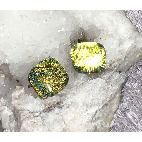 Earrings, Yellow Gold Dichroic Glass Stud Earrings, NEW, square, Handmade - Picture 1 of 4